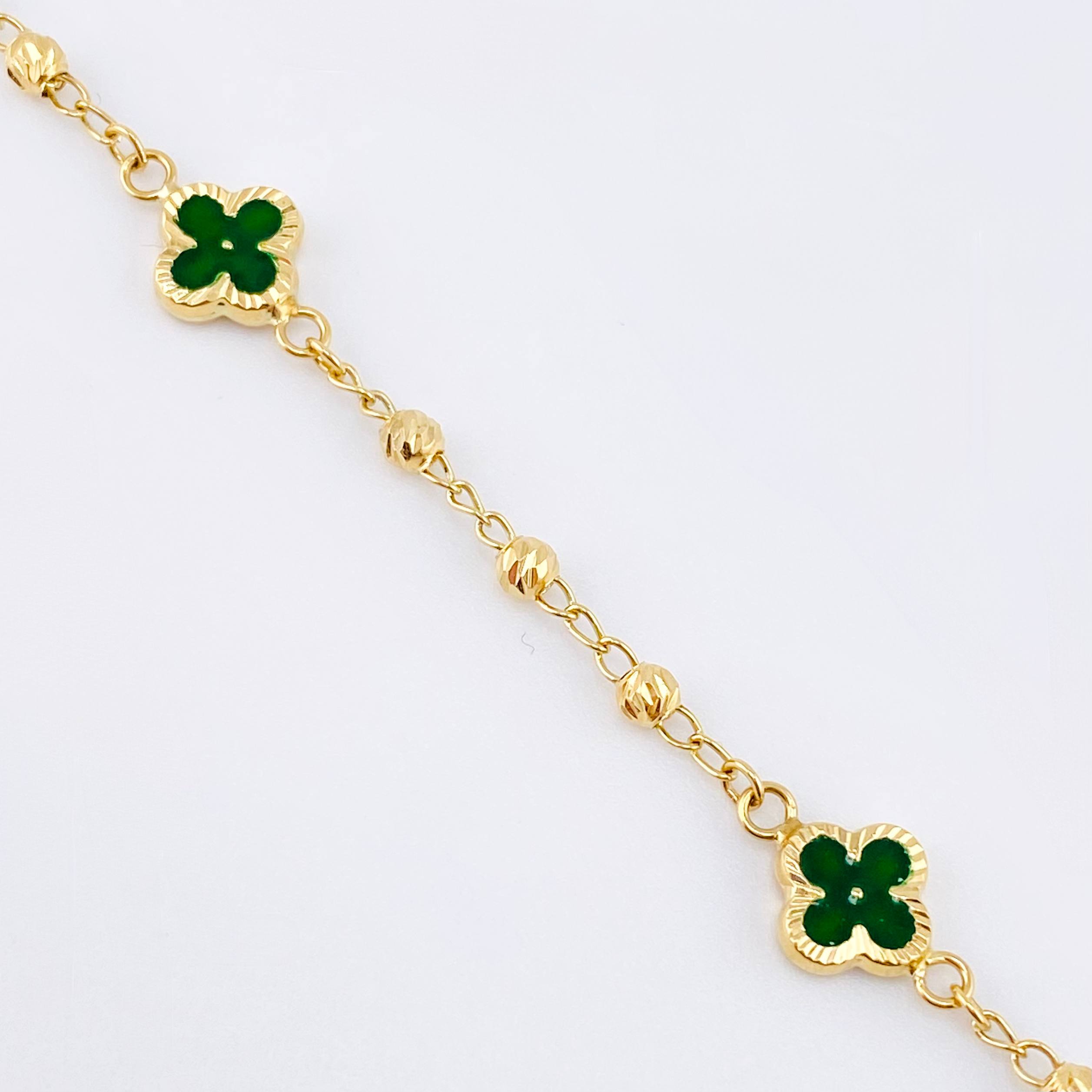 Pulso Militar Treboles Flores Verdes 3.35gr / 20cm / 8.2mm Oro Amarillo Nac.Esp. 18K *