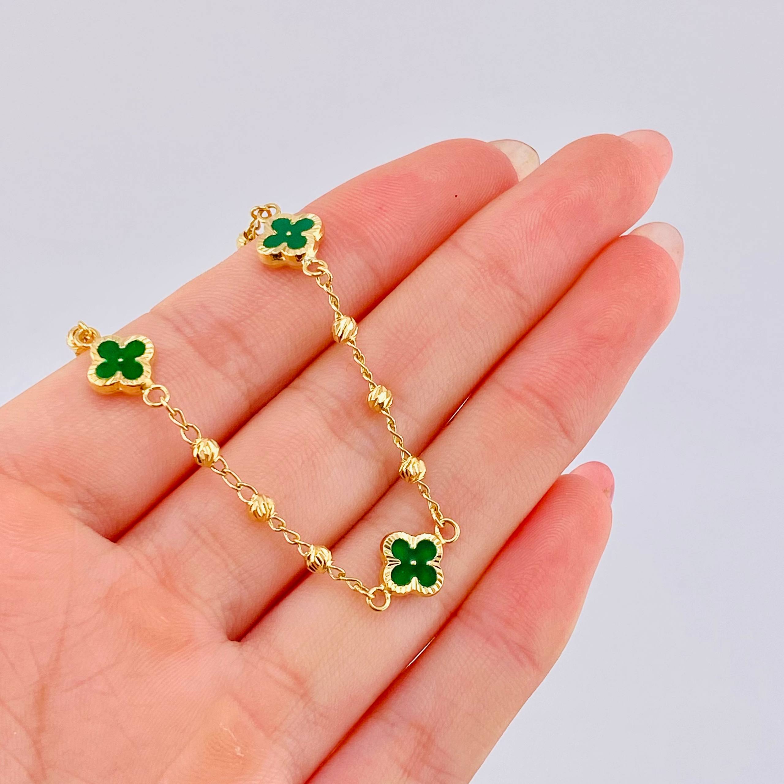 Pulso Militar Treboles Flores Verdes 3.25gr / 19cm / 8.2mm Oro Amarillo Nac.Esp. 18K *