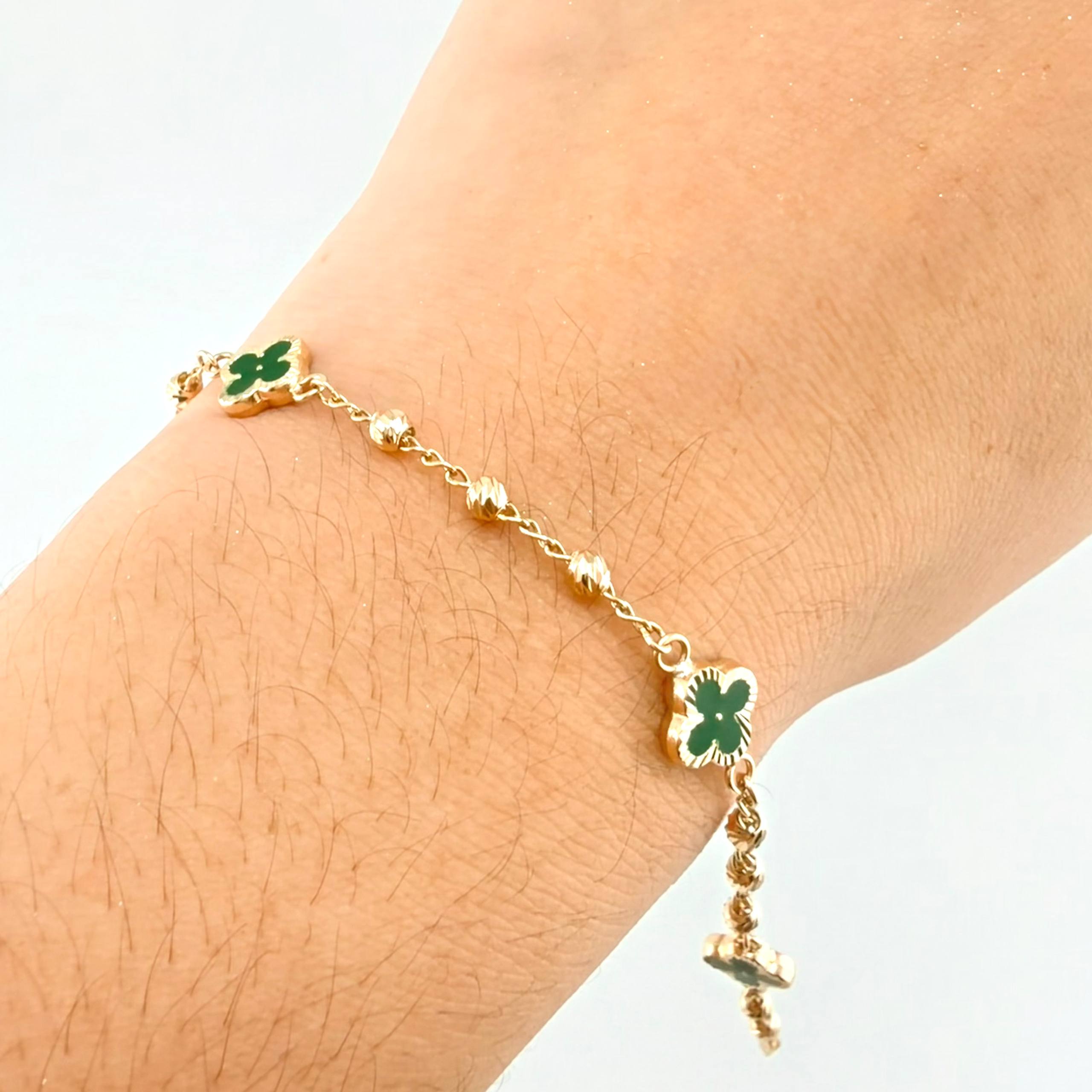 Pulso Militar Treboles Flores Verdes 3.45gr / 19cm / 8.2mm Oro Amarillo Nac.Esp. 18K