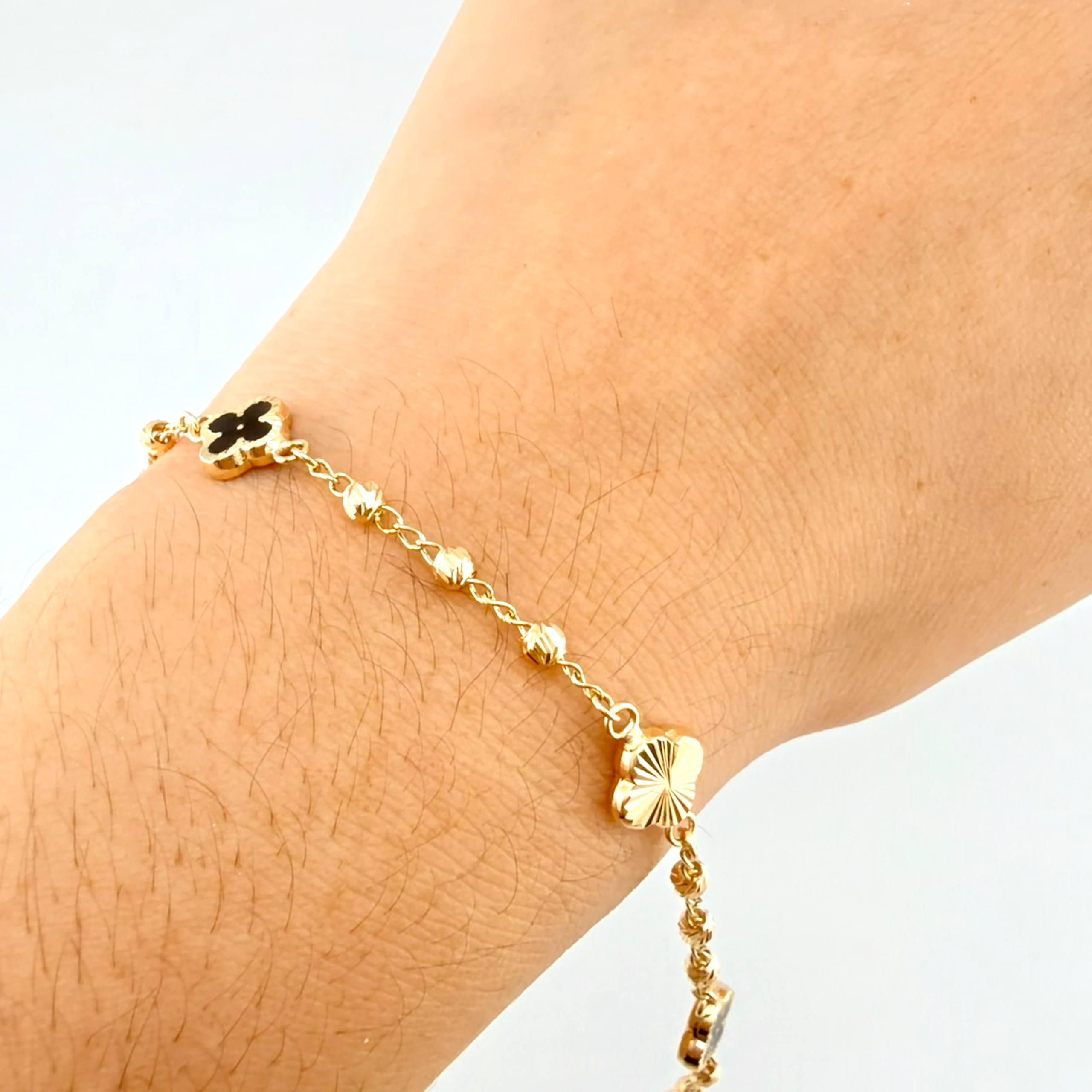 Pulso Militar Treboles Flores Negras-Diamantadas 3.5gr / 19cm / 8.2mm Oro Amarillo Nac.Esp. 18K *