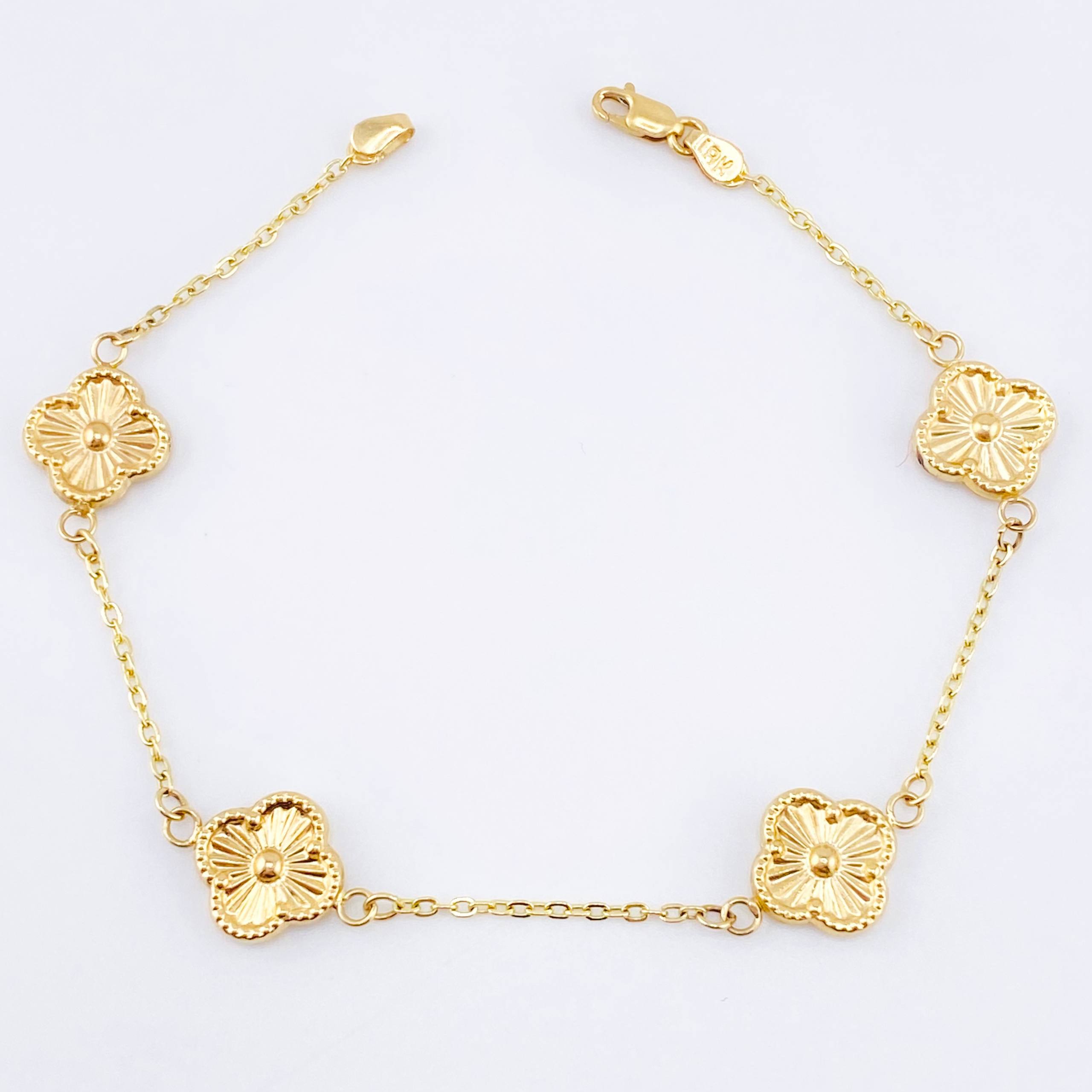 Pulso Aro seguido Treboles Flores Diamantadas 2.85gr / 18.5cm / 10mm Oro Amarillo Nac.Esp. 18K