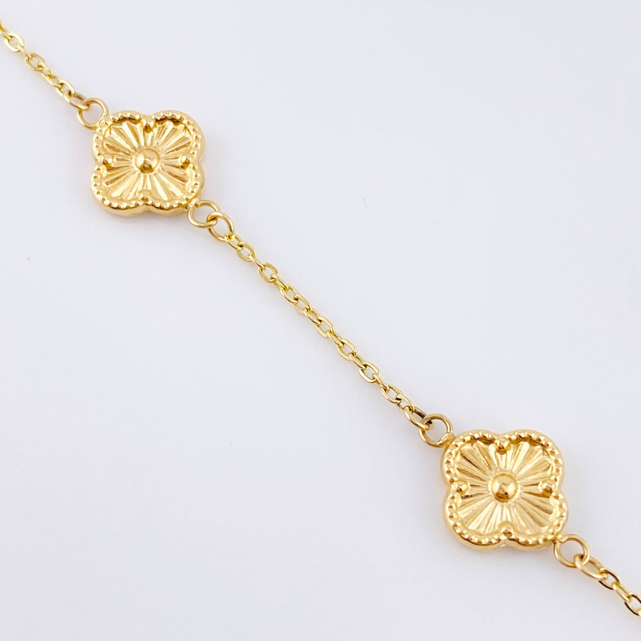 Pulso Aro seguido Treboles Flores Diamantadas 2.95gr / 19cm / 10mm Oro Amarillo Nac.Esp. 18K