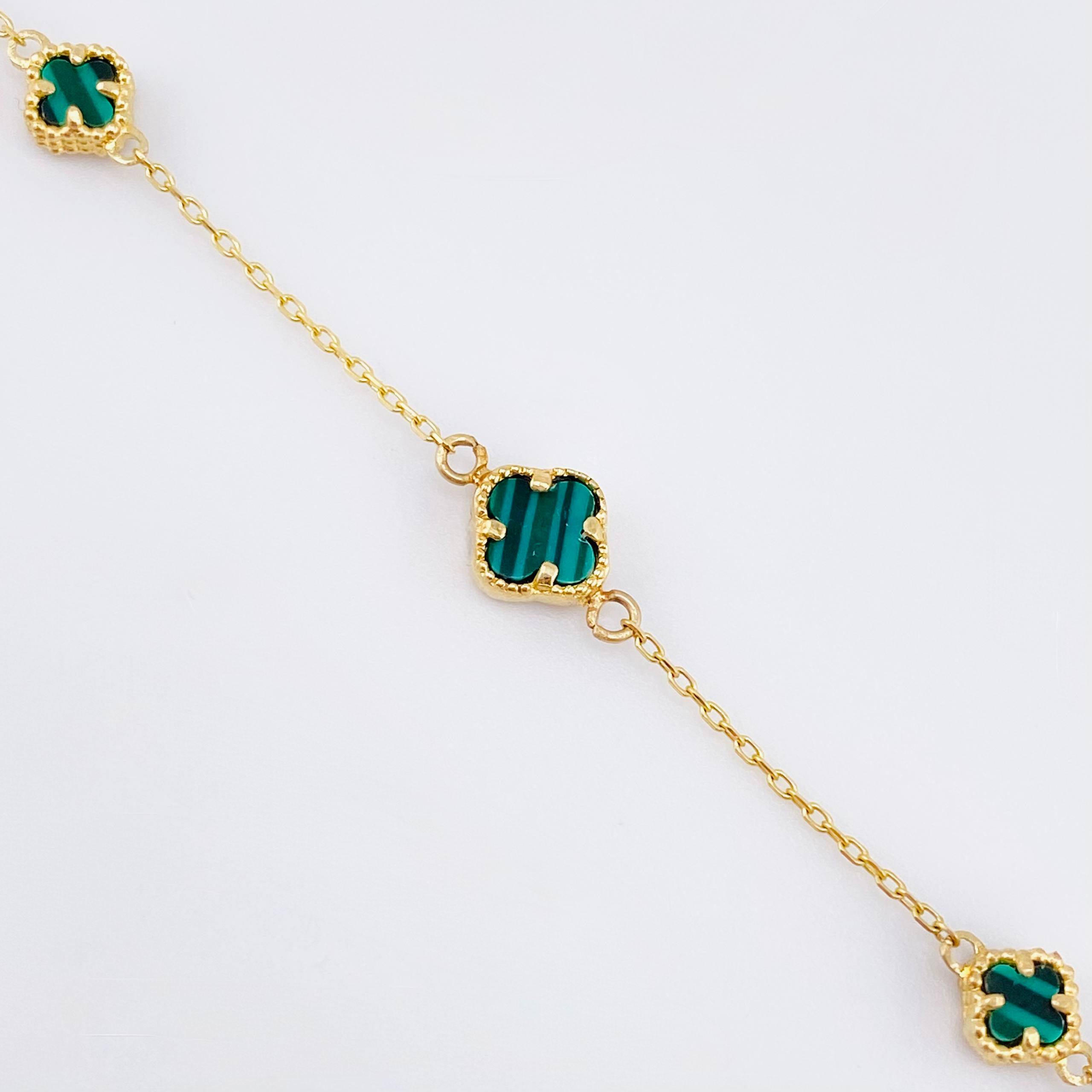 Pulso Aro seguido Trebol Malaquita Verde 2.45gr / 20cm-22.5cm / 7mm-5mm Oro Amarillo 18K