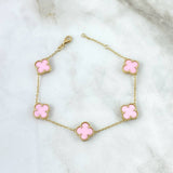 Pulso Aro Seguido Trébol VCyA 7.6gr / 20.5cm / 1.4mm Cuarzo Rosa Oro Amarillo +4 *