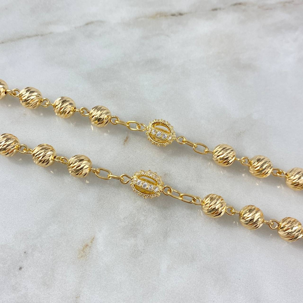 Rosario Virgen Milagrosa 47.85gr / 70cm / 7-9mm Bolas diamantadas circones Blancos Oro Amarillo ©