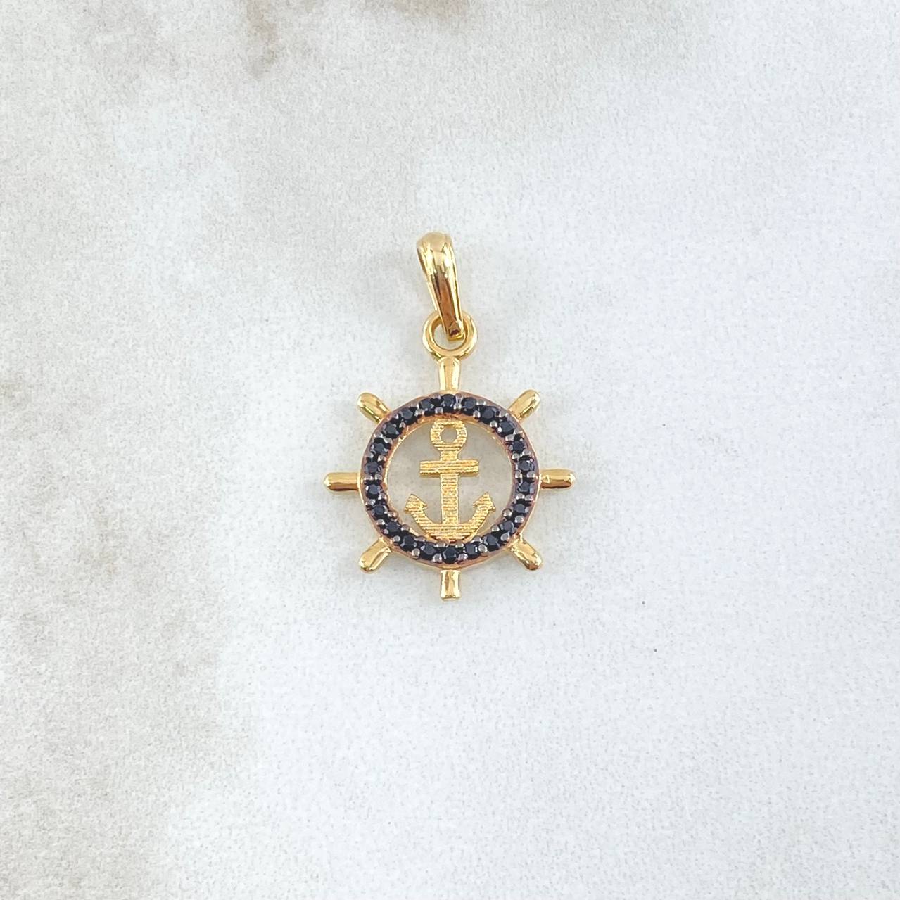 Dije Ancla Timón 1.7gr / 2.5cm / Circones Negros Oro Amarillo 18K