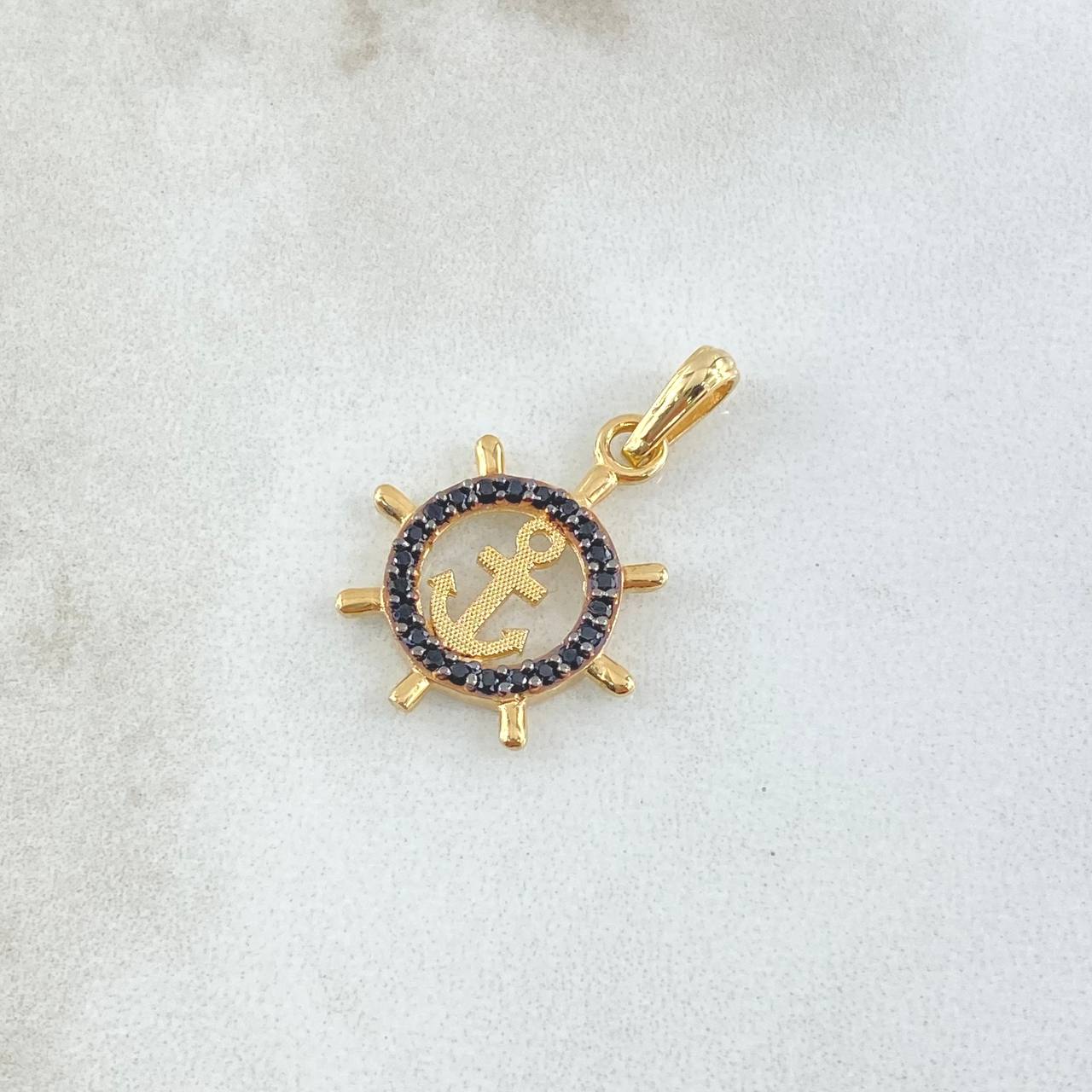 Dije Ancla Timón 1.7gr / 2.5cm / Circones Negros Oro Amarillo 18K