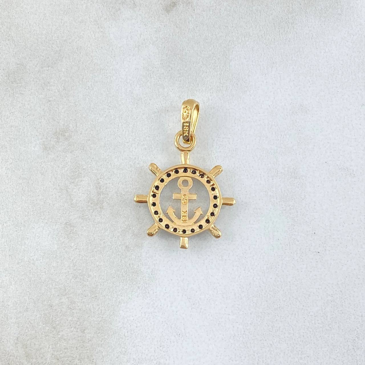 Dije Ancla Timón 1.7gr / 2.5cm / Circones Negros Oro Amarillo 18K