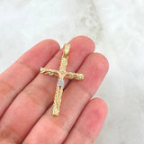 Dije Crúz Cristo Espiral Amplia 4.1gr / 4cm / Circones Blancos Tres Oros 18K