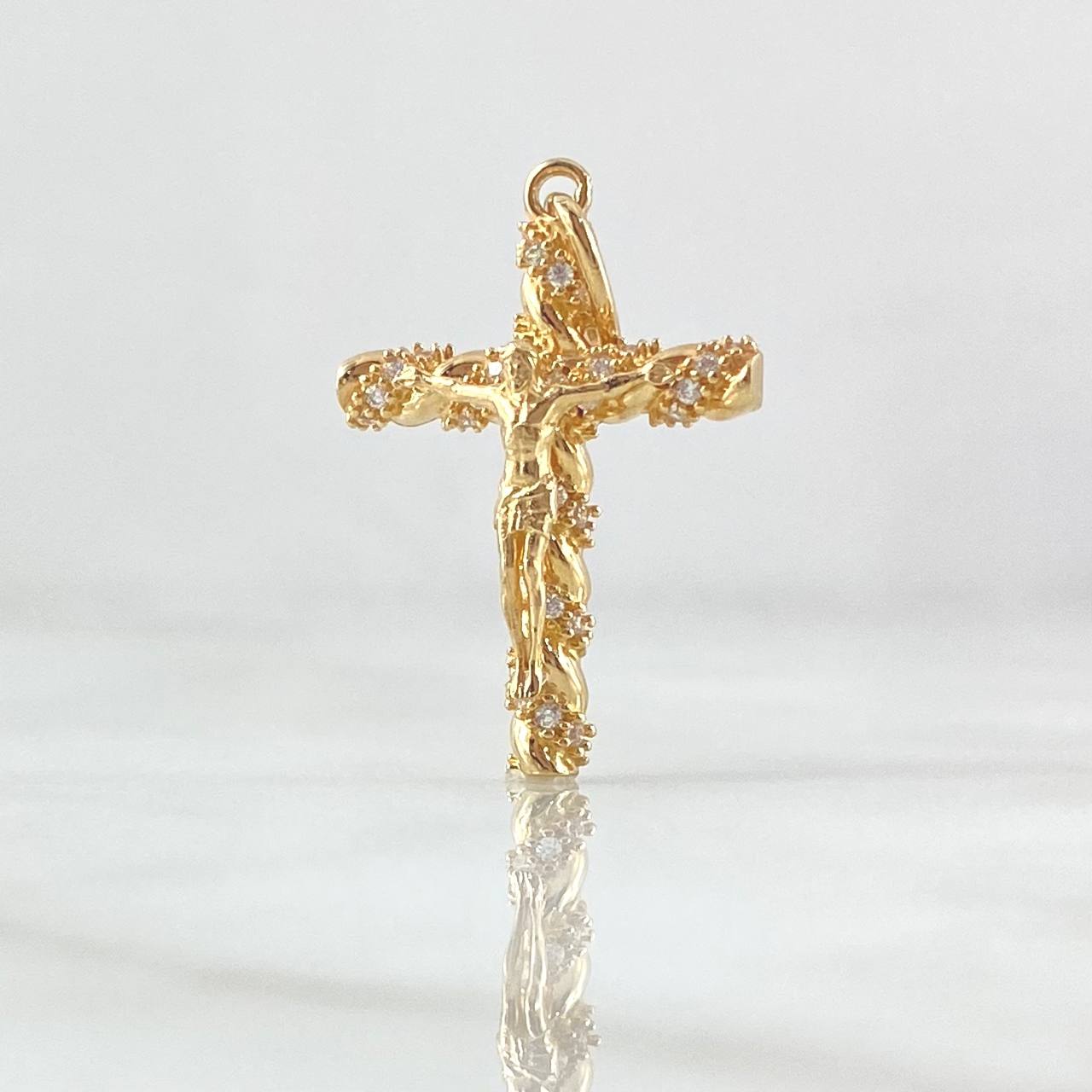 Dije Crúz Cristo Espiralizado 2.15gr / 2.9cm / Circones Blancos Oro Amarillo 18K