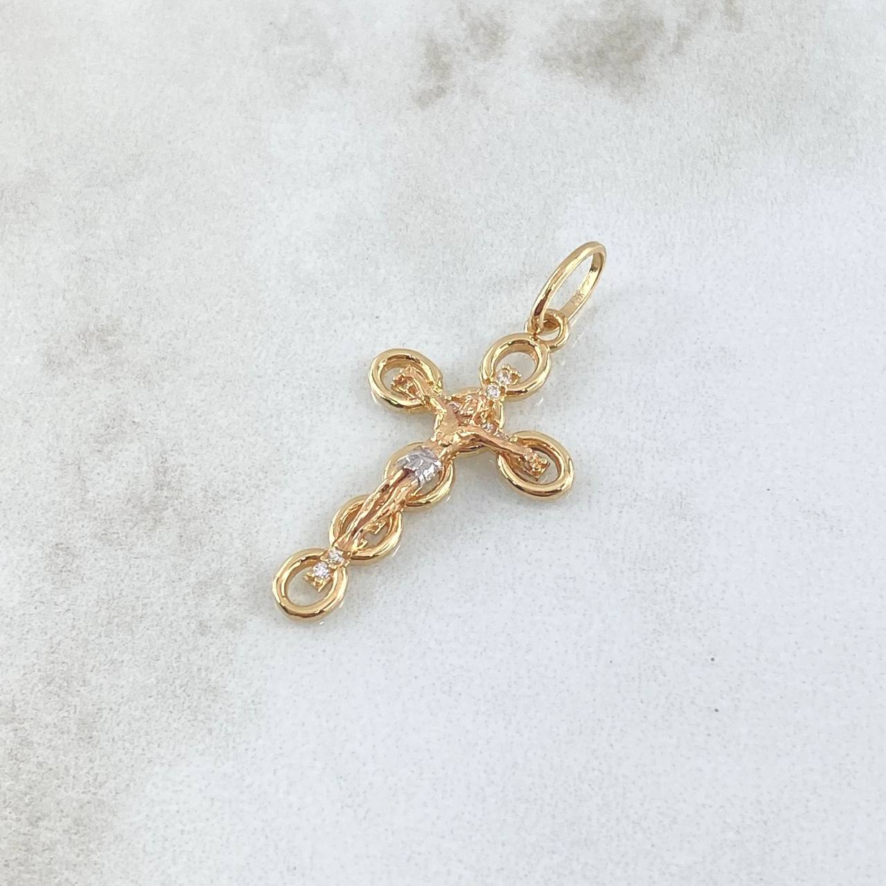 Dije Crúz Cristo Burbujas Basteados 1.85gr / 3.4cm / Circones Blancos Dos Oros Amarillo Blanco 18K