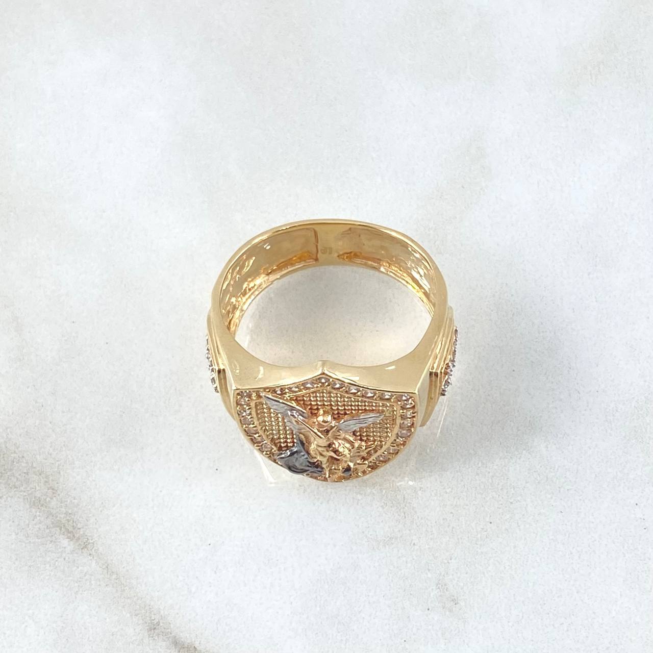 Anillo Escudo Arcangel San Miguel Crúz 6.85gr / T11 / Circones Blancos Dos Oros Amarillo Blanco 18K