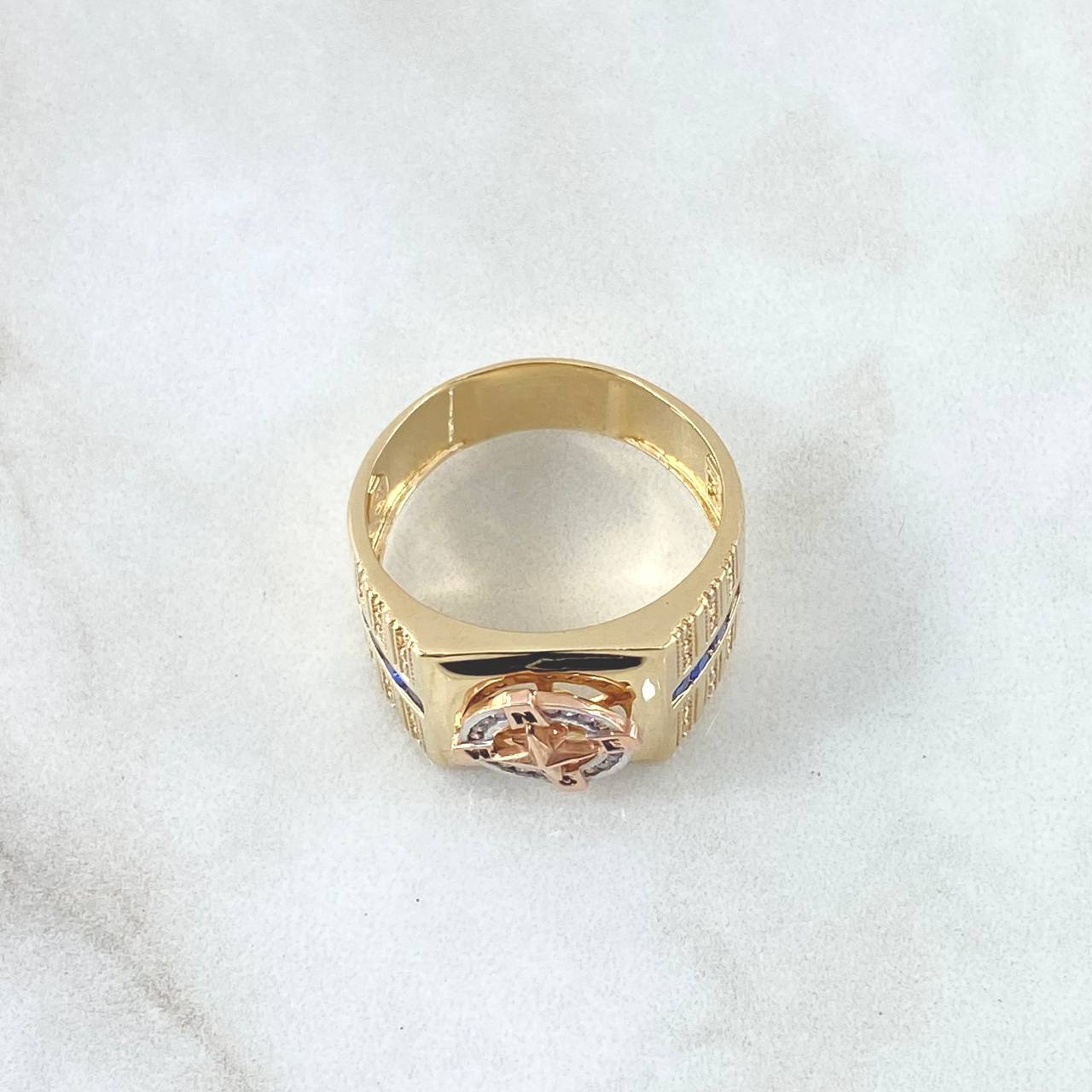 Anillo Brújula Carriles Laterales Movil 9.05gr / T11 / Circones Blancos Azules Tres Oros 18K