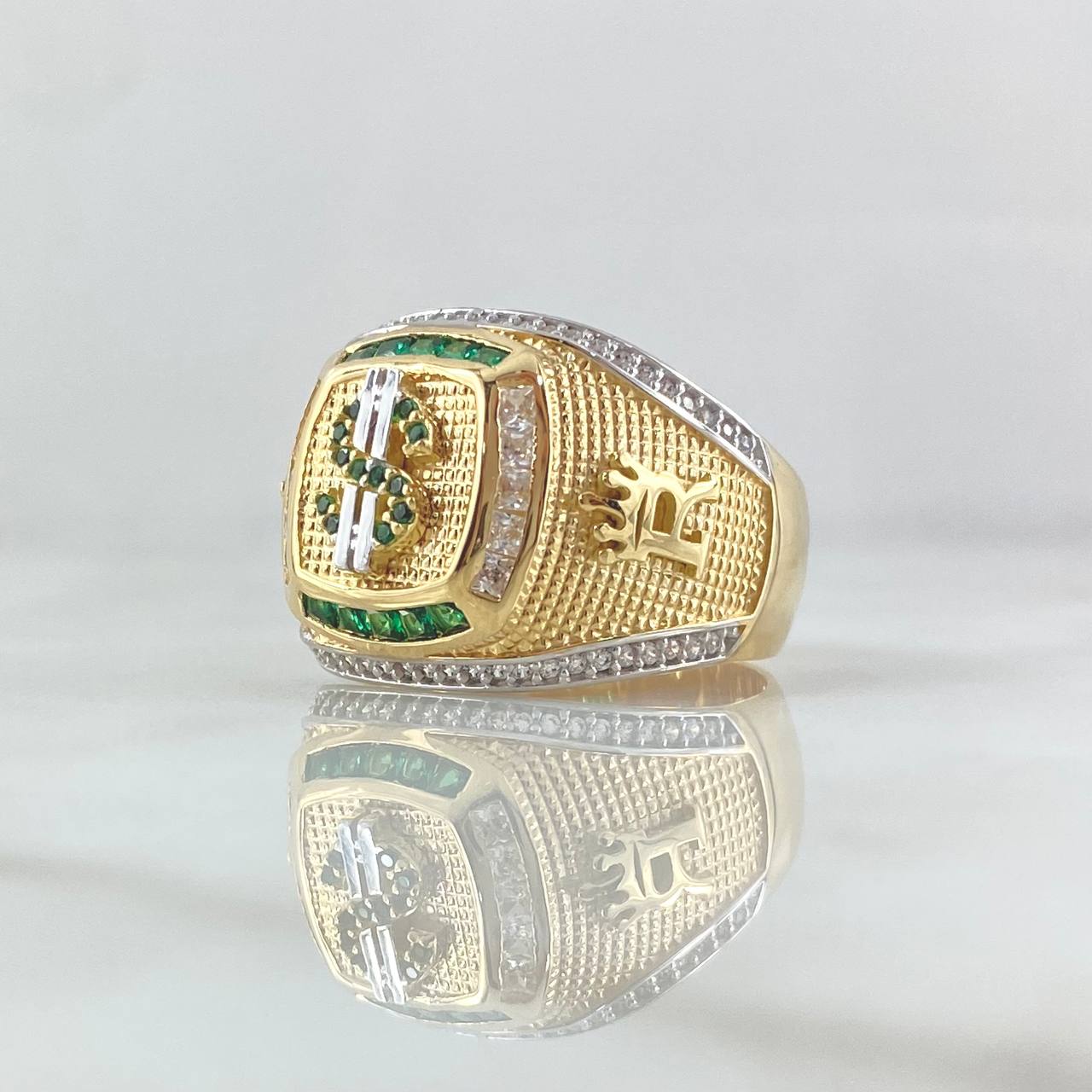 Anillo Sello Signo Dólar 11.25gr / T10 3/4 / Abultado Circones Blancos Verdes Dos Oros Amarillo Blanco 18K ©