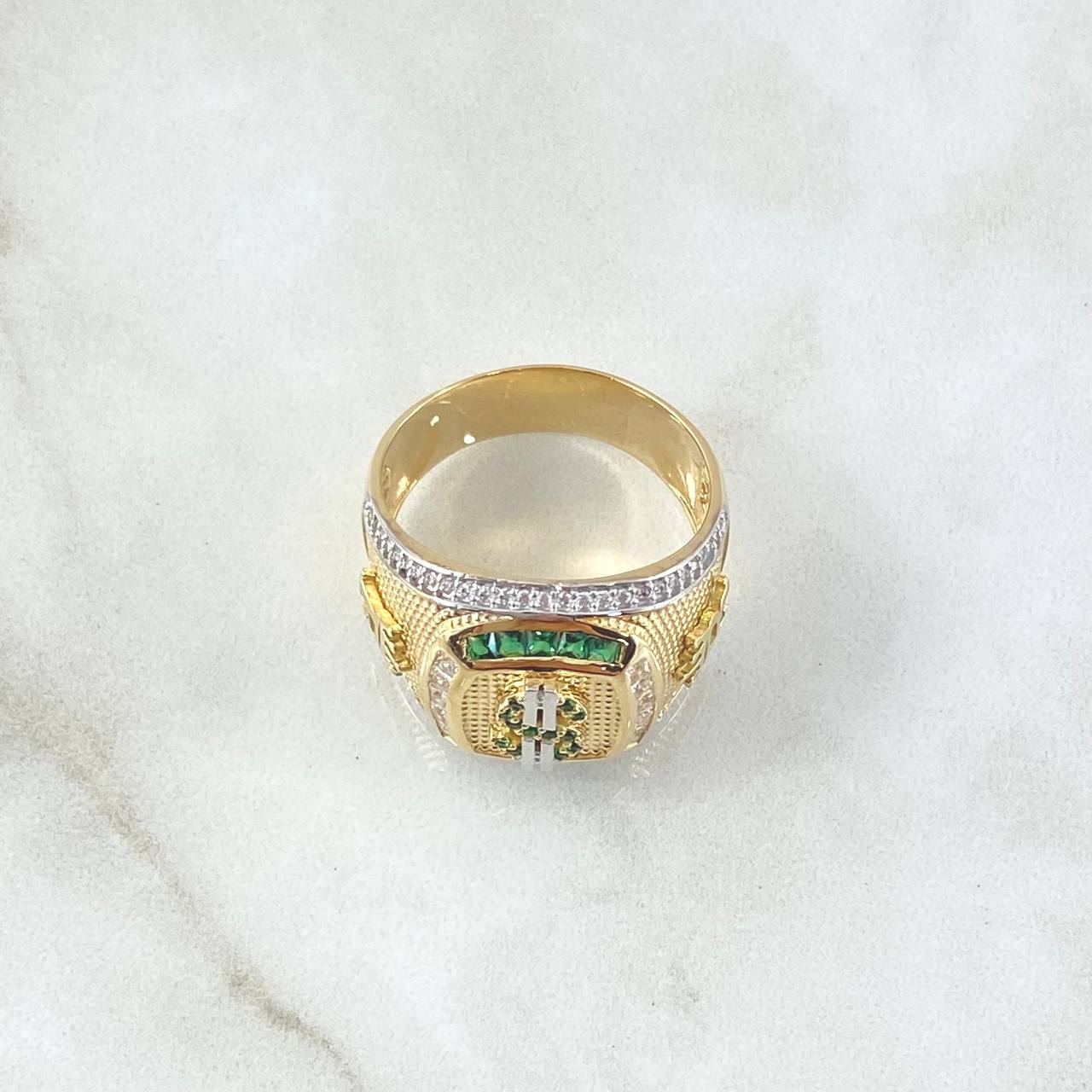 Anillo Sello Signo Dólar 11.25gr / T10 3/4 / Abultado Circones Blancos Verdes Dos Oros Amarillo Blanco 18K ©
