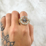 Anillo Brujula Enmallada 9.25gr / T9 1/2 / Circones Blancos Dos Oros Amarillo Blanco 18K ©