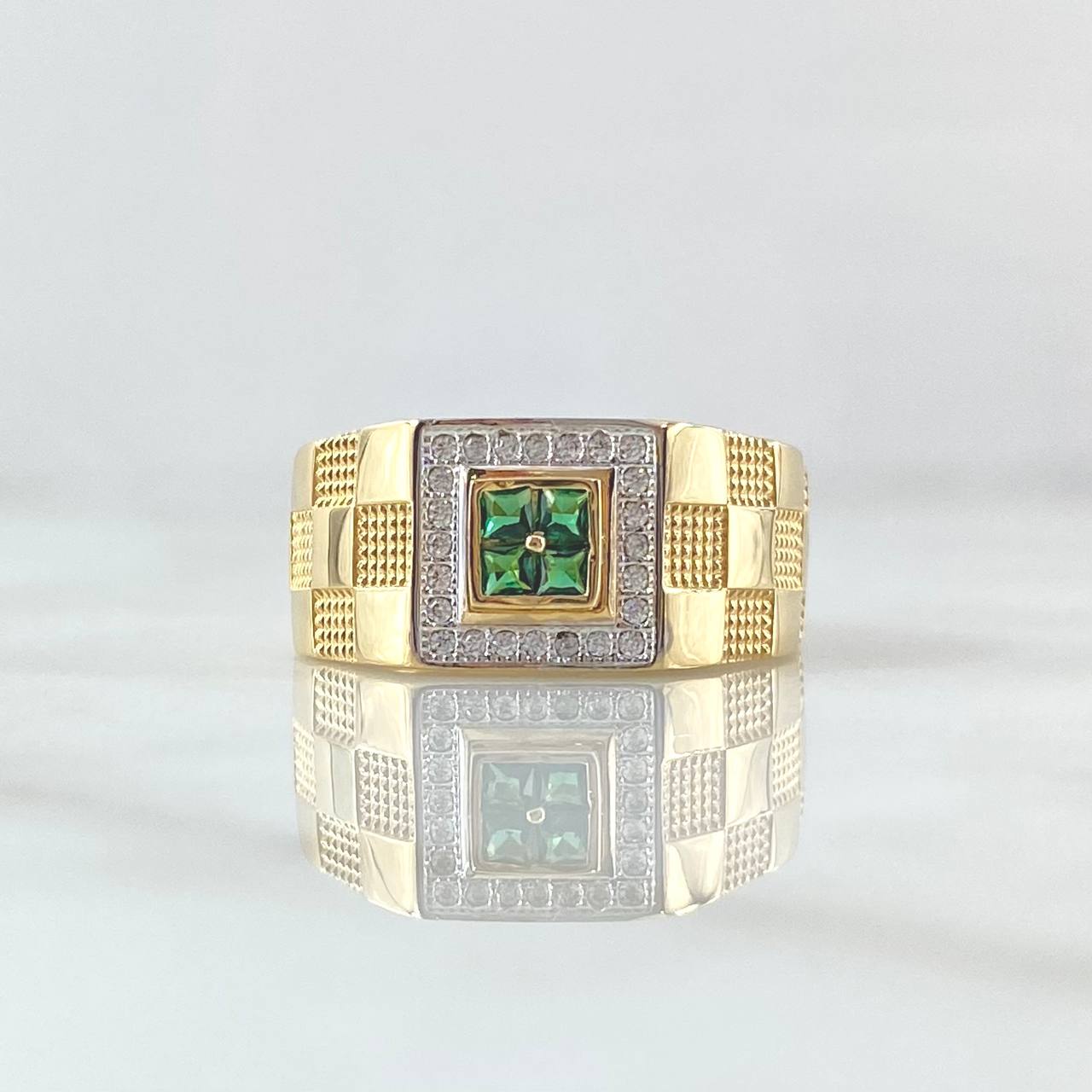 Anillo Correa de Ajedrez Texturizada 6.85gr / T9 / Circones Blancos Verdes  Dos Oros Amarillo Blanco 18K ©