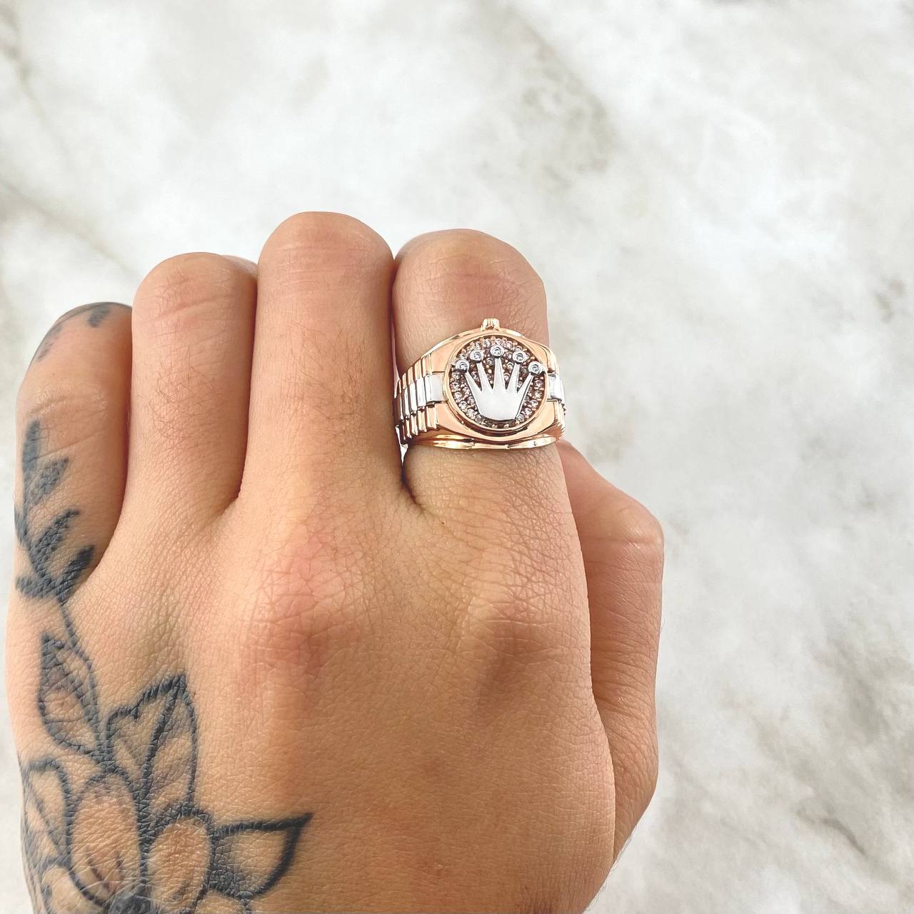 Anillo Correa Corona RX 6.05gr / T6 / Circones Blancos Dos Oros Blanco Rosa 18K