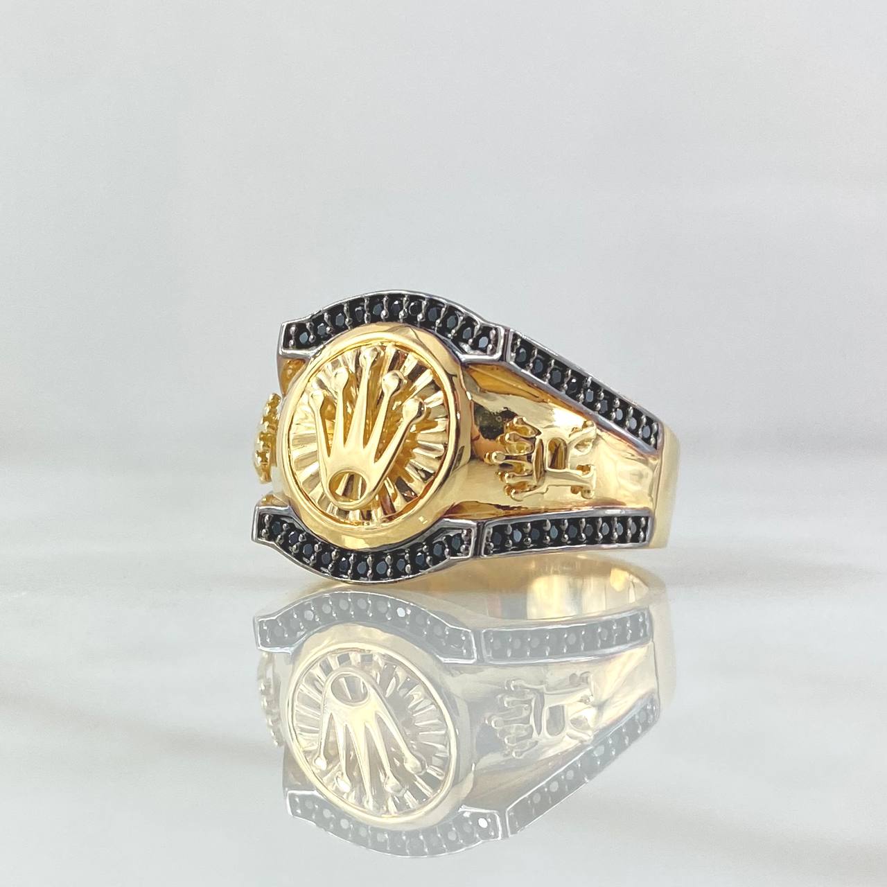 Anillo Corona Rx Diamantado 7.55gr / T10 1/4 / Circones Negros Oro Amarillo 18K