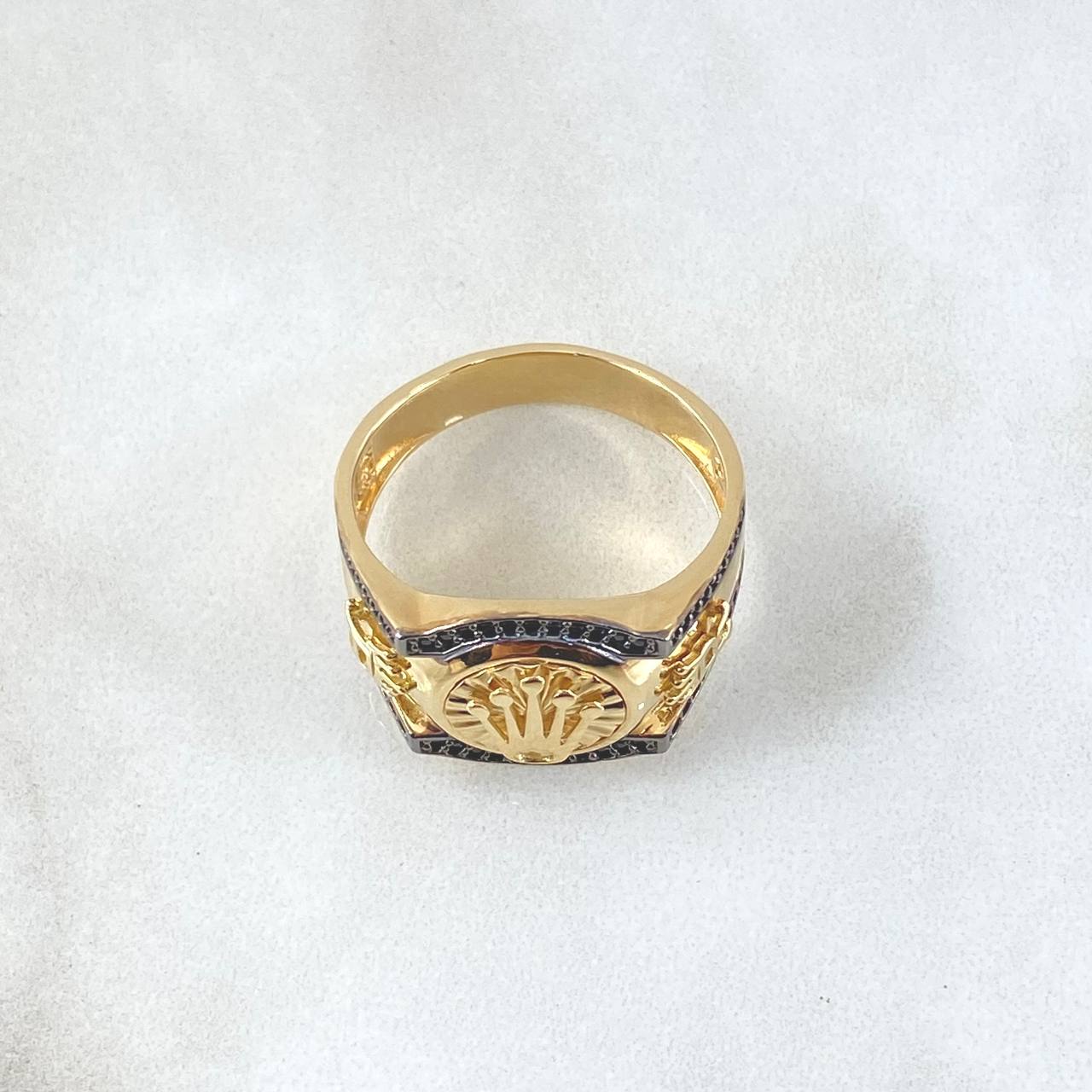 Anillo Corona Rx Diamantado 7.55gr / T10 1/4 / Circones Negros Oro Amarillo 18K