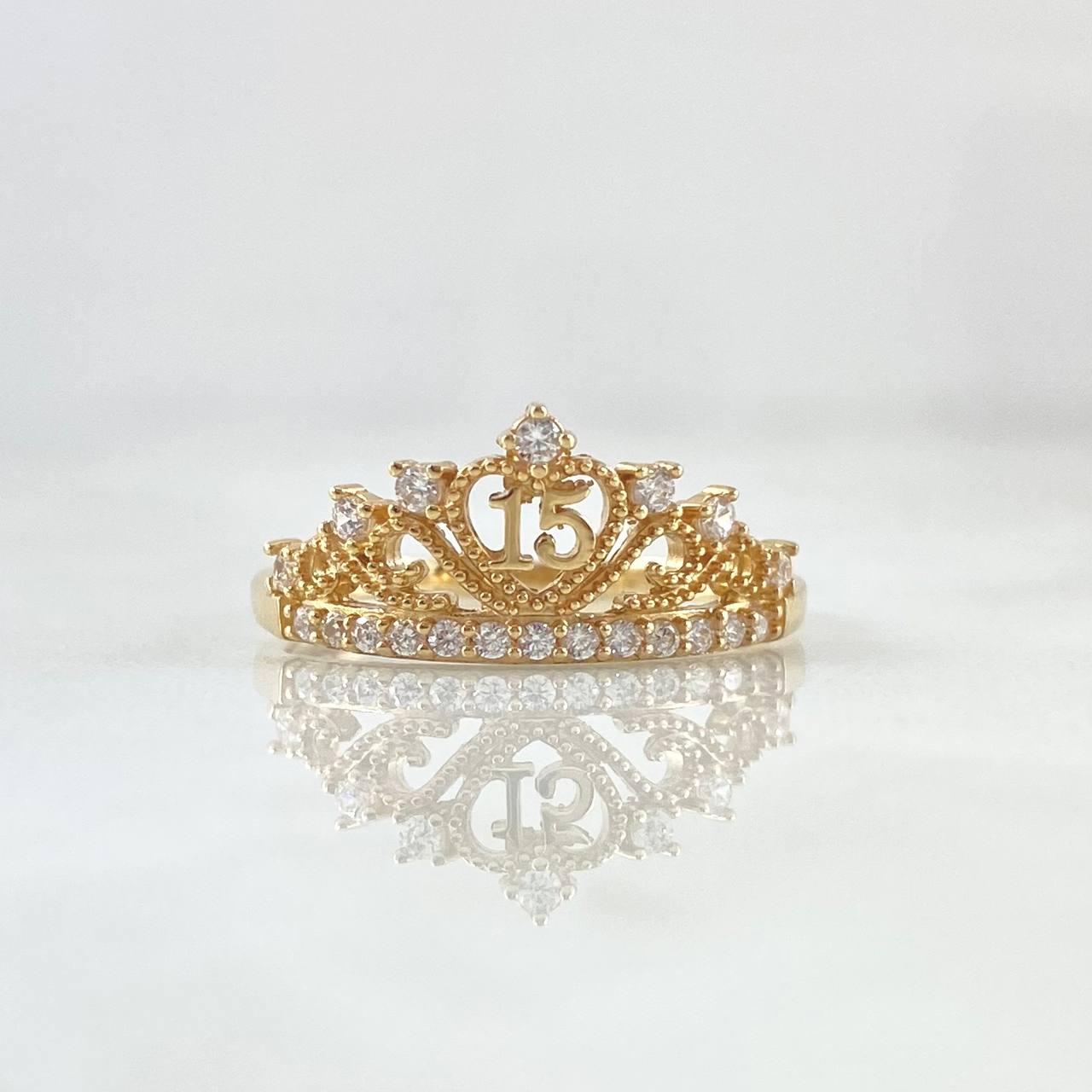 Anillo 15s Corona Punteada 2.2gr / T7 1/4 / Circones Blancos Oro Amarillo 18K