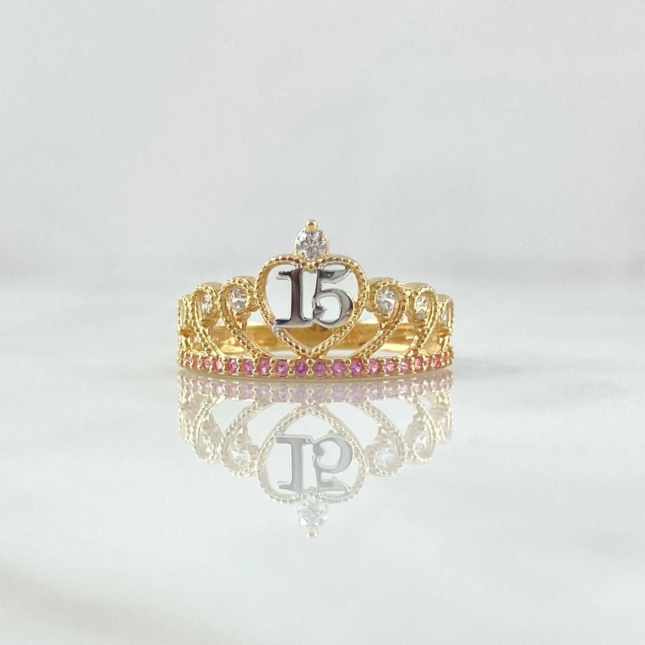 Anillo 15s Corona Pavo Real 2.3gr / T6 1/4 / Circones Blancos Lila Dos Oros Amarillo Blanco 18K