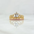 Anillo 15s Corona Pavo Real 2.3gr / T6 1/4 / Circones Blancos Lila Dos Oros Amarillo Blanco 18K