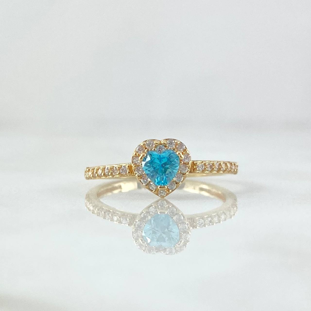 Anillo Solitario Halo Corazón 1.7gr / T5 / Circones Blancos Azul Cielo Oro Amarillo 18K