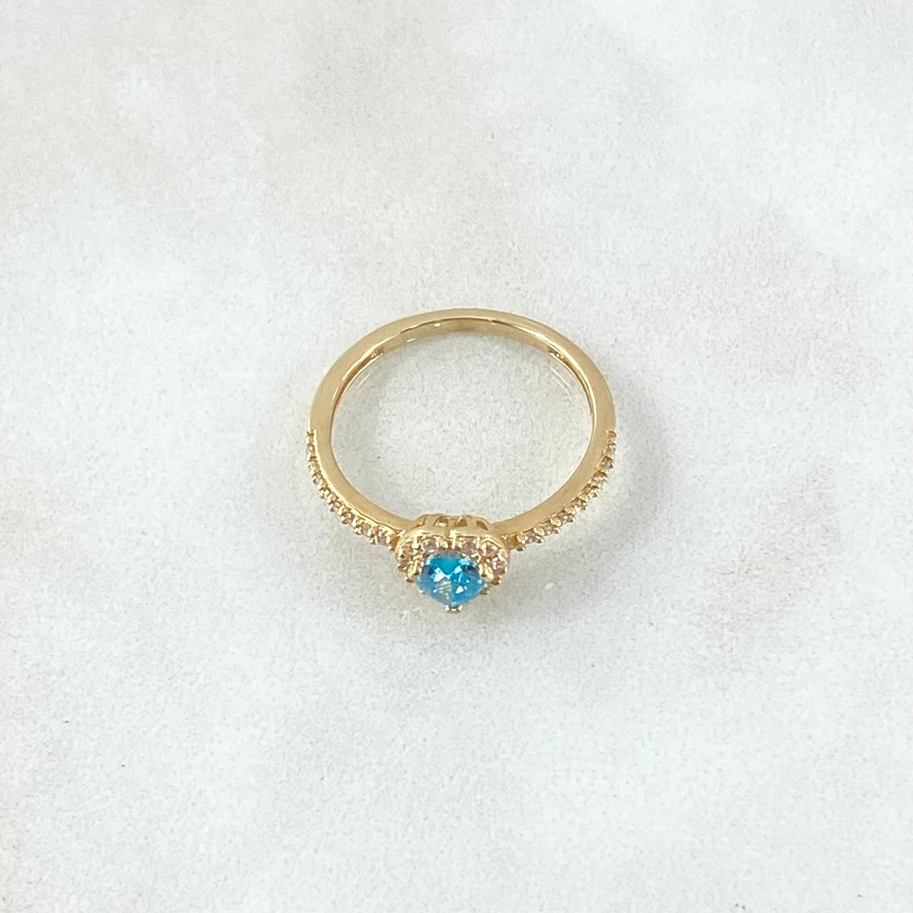 Anillo Solitario Halo Corazón 1.7gr / T5 / Circones Blancos Azul Cielo Oro Amarillo 18K
