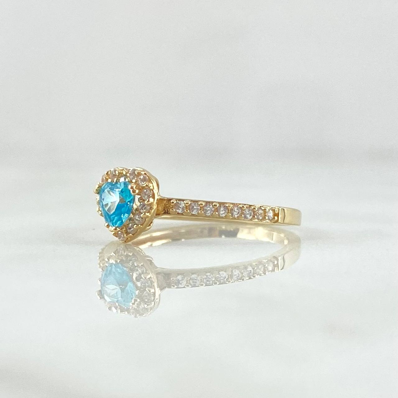 Anillo Solitario Halo Corazón 1.7gr / T5 / Circones Blancos Azul Cielo Oro Amarillo 18K