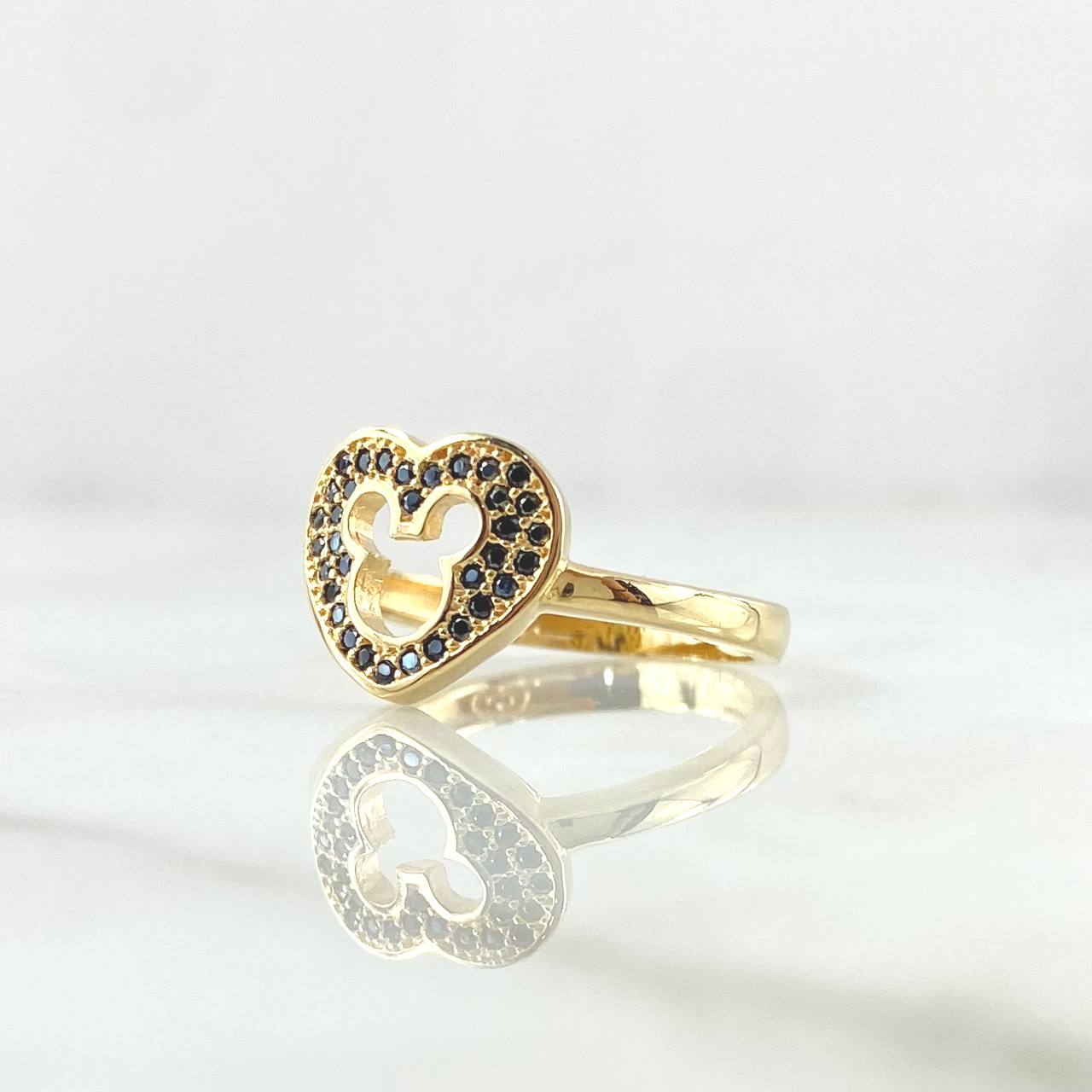 Anillo Corazón Ratón Interno 2.85gr / T6 / Circones Negro Oro Amarillo 18K