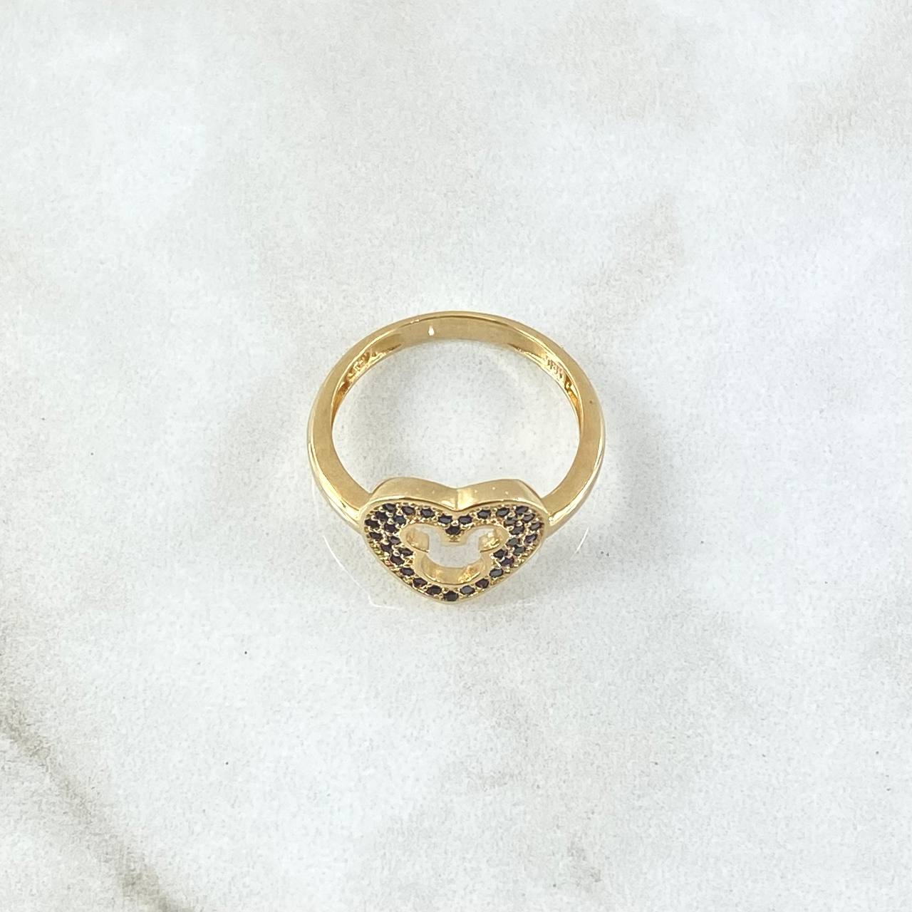 Anillo Corazón Ratón Interno 2.85gr / T6 / Circones Negro Oro Amarillo 18K