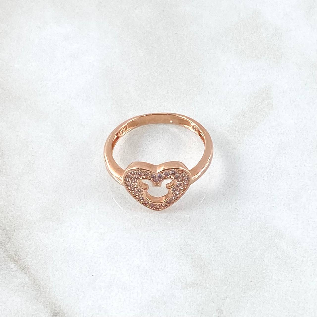 Anillo Corazón Ratón Interno 2.7gr / T6 1/2 / Circones Blancos Oro Rosa 18K