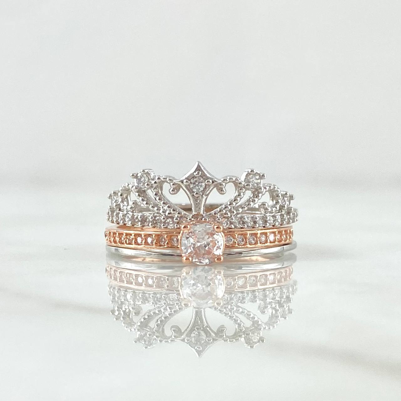Anillo Corona Real Doble Solitario 4.3gr / T6 3/4 / Circones Blancos Dos Oros Blanco Rosa 18K