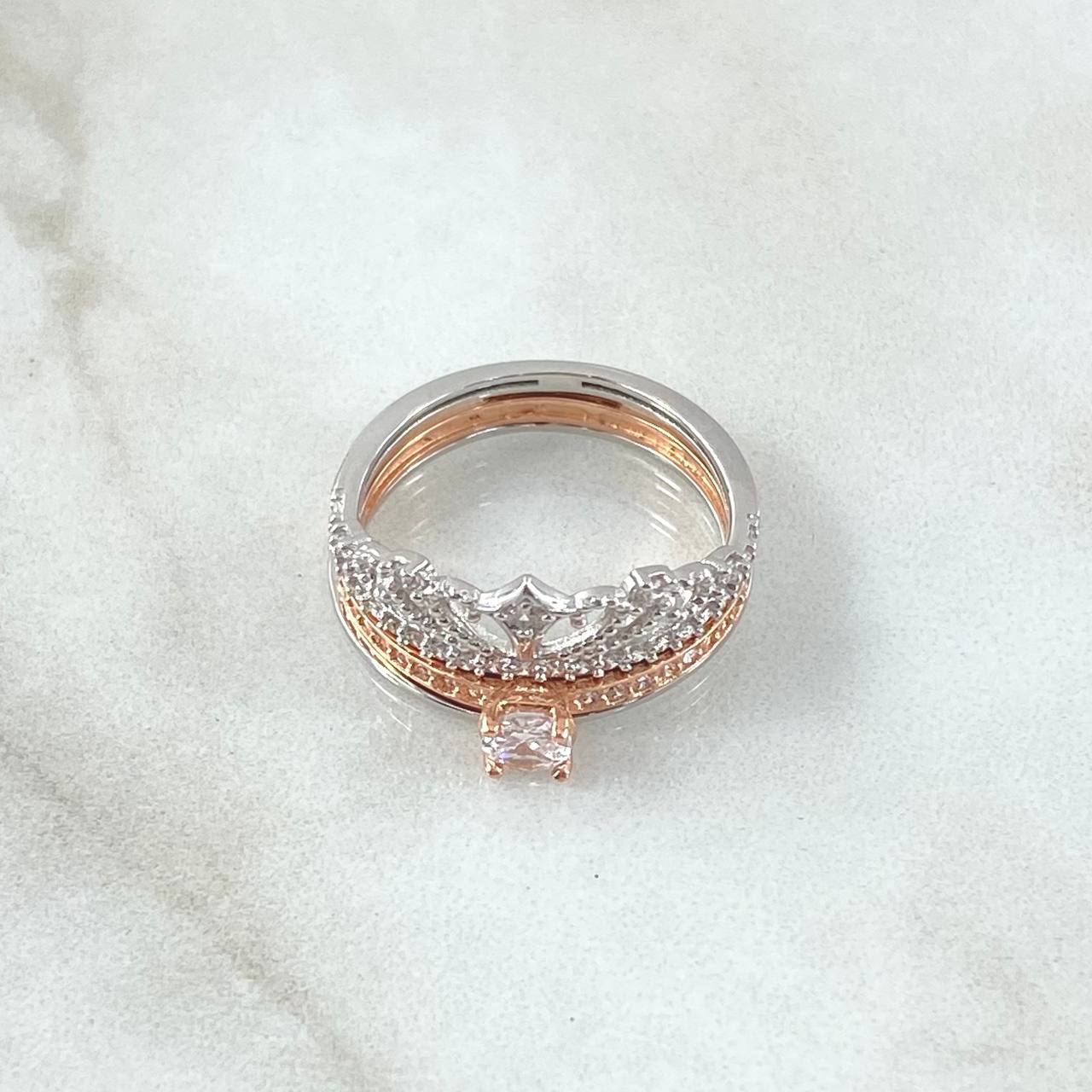 Anillo Corona Real Doble Solitario 4.3gr / T6 3/4 / Circones Blancos Dos Oros Blanco Rosa 18K