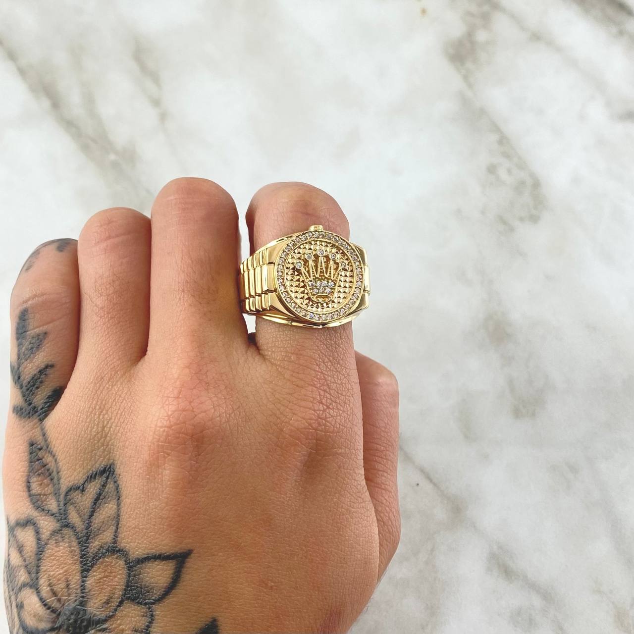 Anillo Correa Corona RX Circulo 9.5gr / T11 1/2 / Circones Blancos Oro Amarillo 18K ©