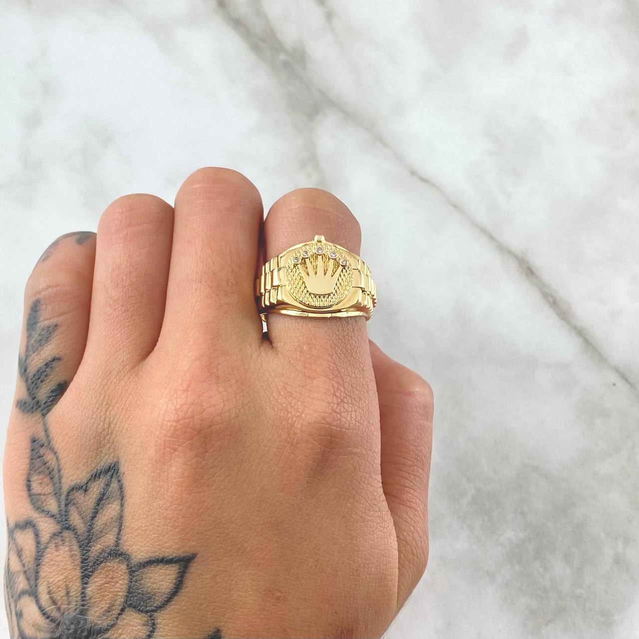 Anillo Corona RX Correa 7gr / T9 1/4 / Texturizado Circones Blancos Oro Amarillo 18K *