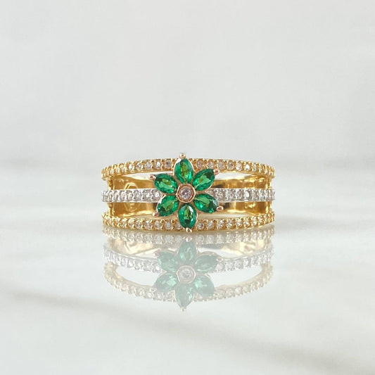 Anillo Flor Tres Lineas 3.8gr / T7 1/4 / Circones Blancos Verdes Tres Oros 18K