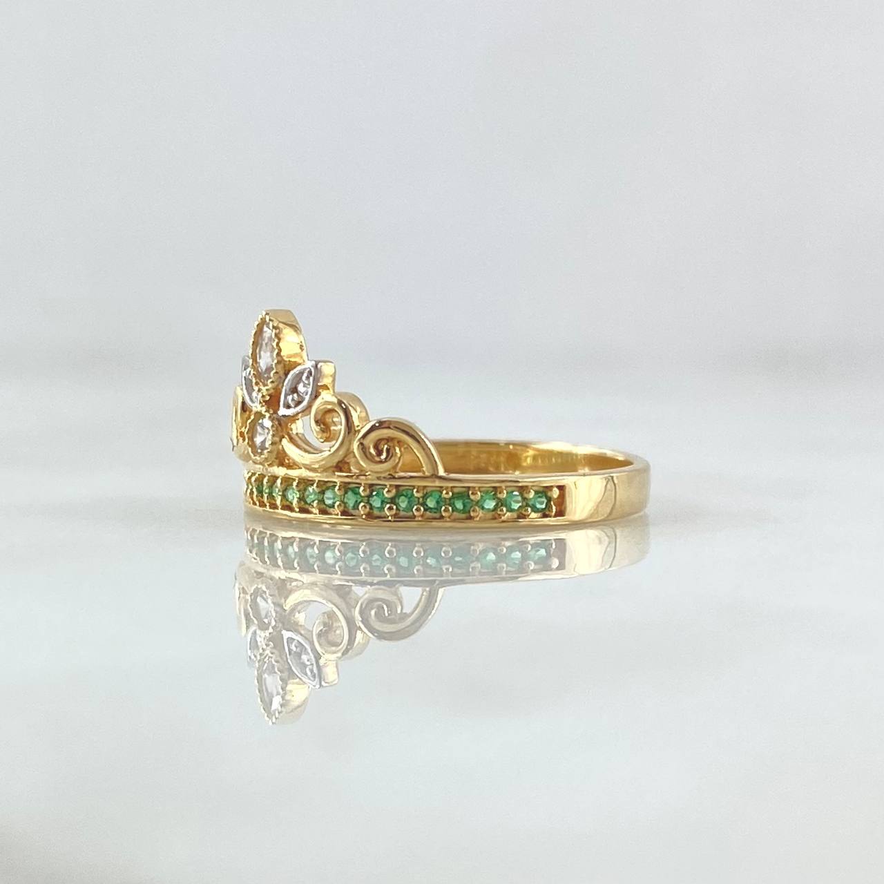 Anillo Corona de Buquet 2.55gr / T6 3/4 / Circones Blancos Verdes Oro Amarillo 18K