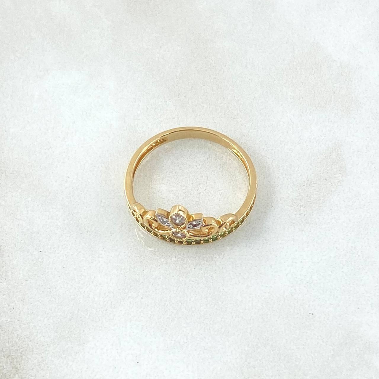 Anillo Corona de Buquet 2.55gr / T6 3/4 / Circones Blancos Verdes Oro Amarillo 18K