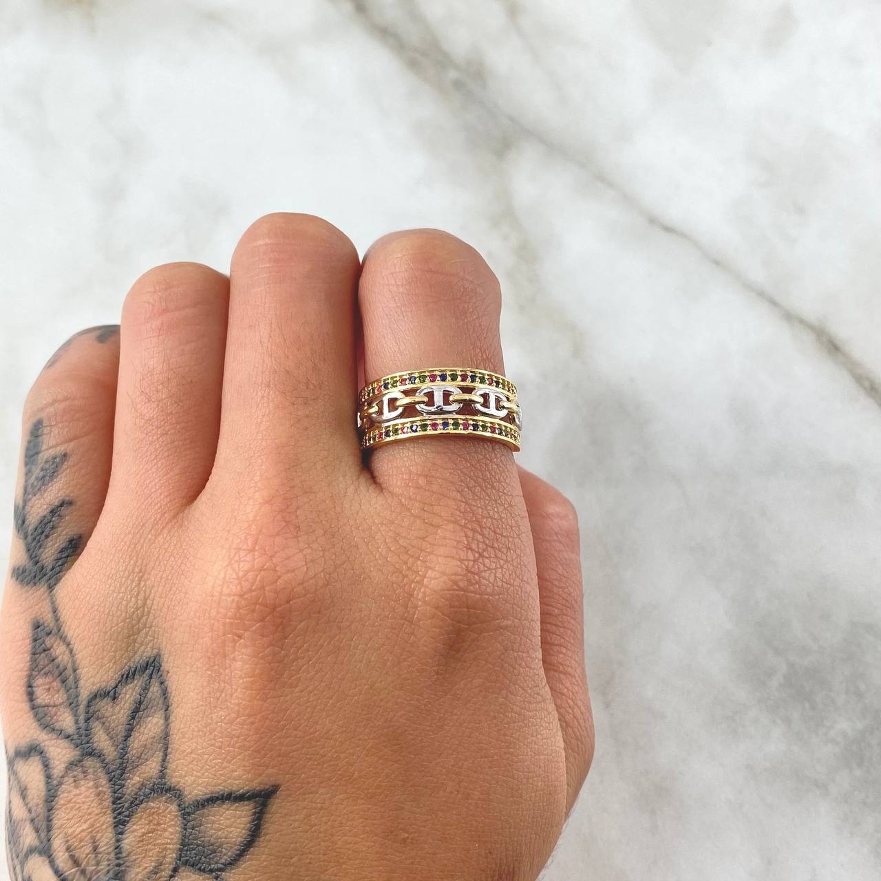 Anillo GC Carril Doble 4.25gr / T7 / Circones Multicolor Dos Oros Amarillo Blanco 18K