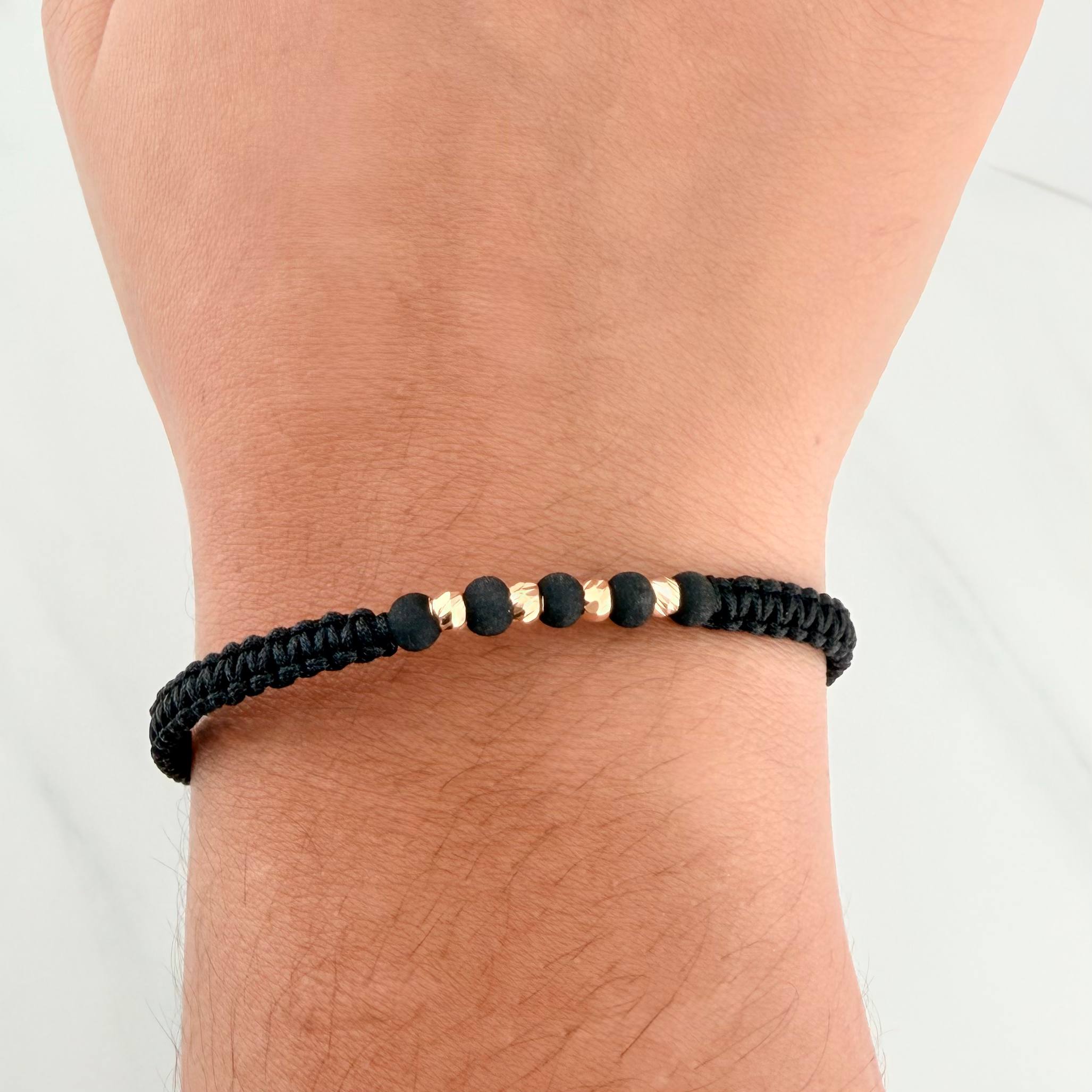 Pulsera Tejida Negra Bolas Diamantadas 3Mm Oro Amarillo 18K
