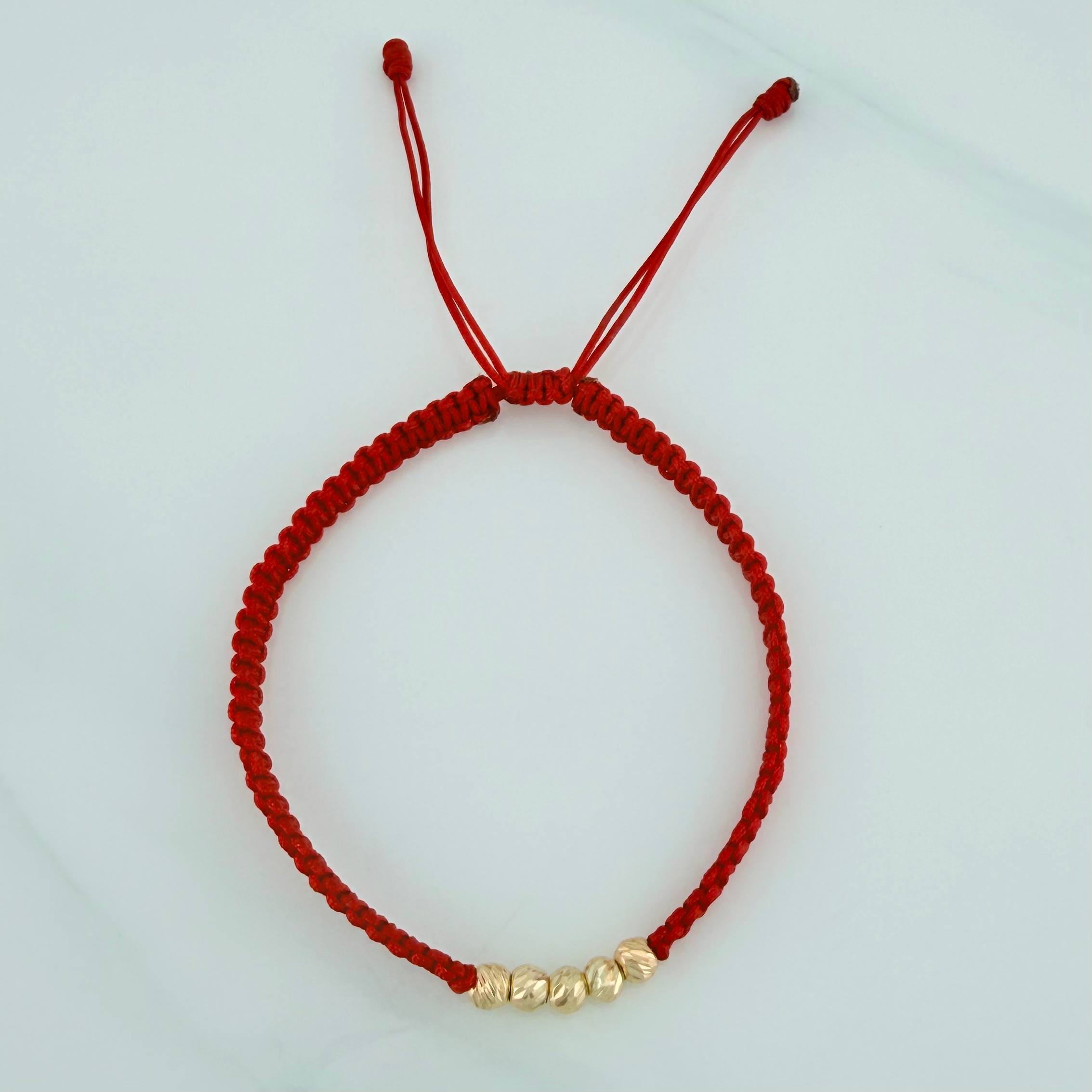 Pulsera Tejida Roja Bolas Diamantadas 4mm Oro Amarillo 18K