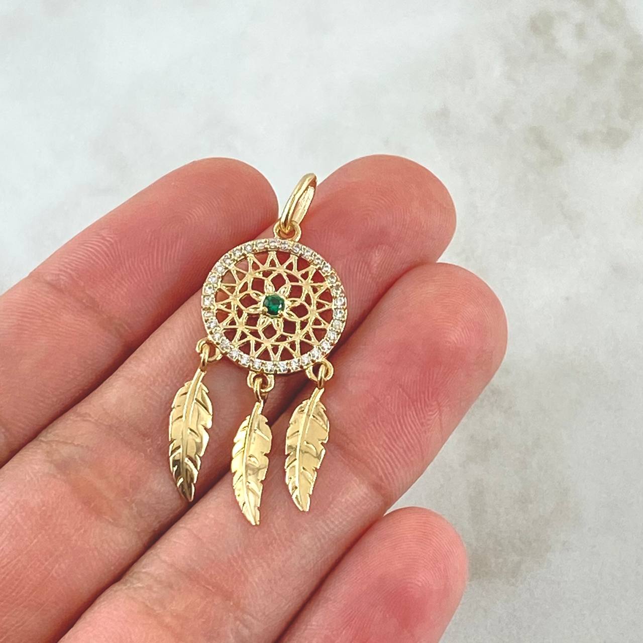 Dije Atrapasueños 2.6gr / 3.7cm / Circones Blancos Verde  Oro Amarillo 18K *