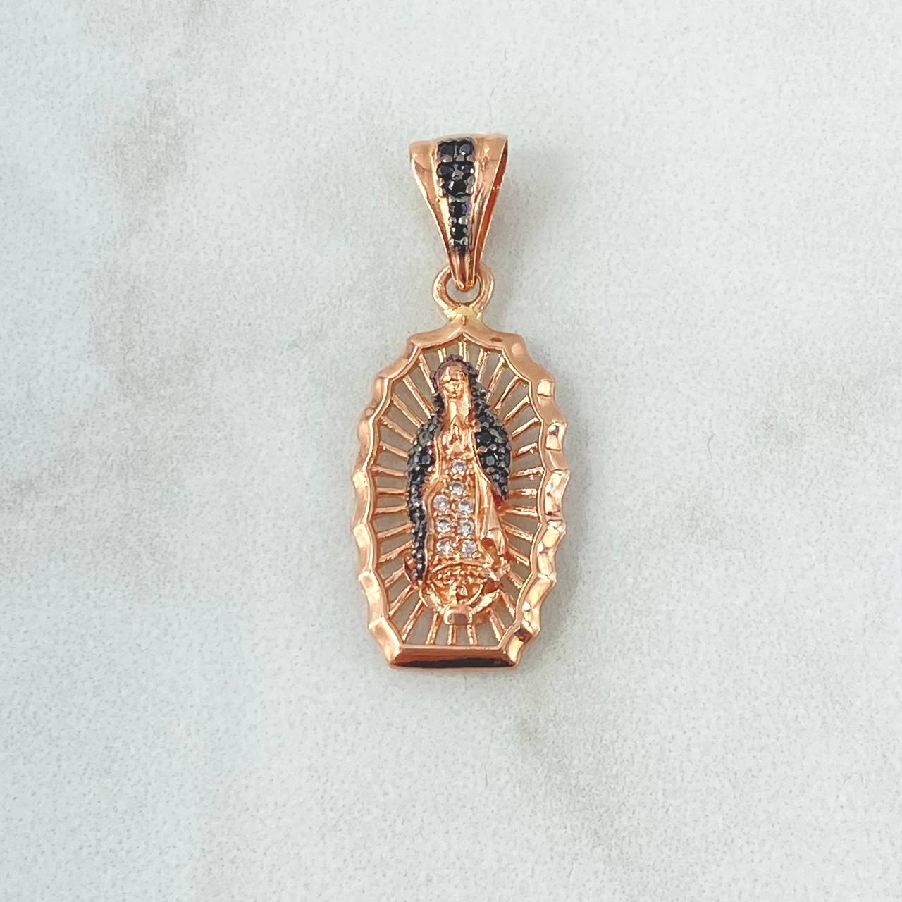 Dije Virgen Guadalupe 2.85gr / 3cm / Circones Blancos Negros Oro Rosa 18K ©