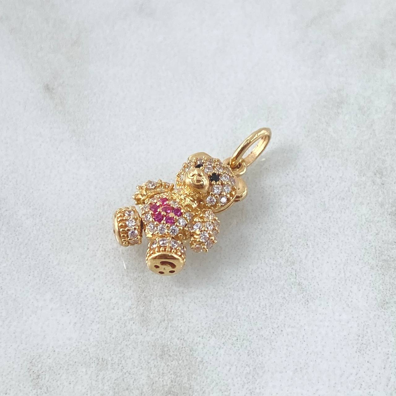 Dije Oso Articulado Flor 2.45gr / 1.9cm / Circones Blancos Fusia Ojos Negro Oro Amarillo 18K