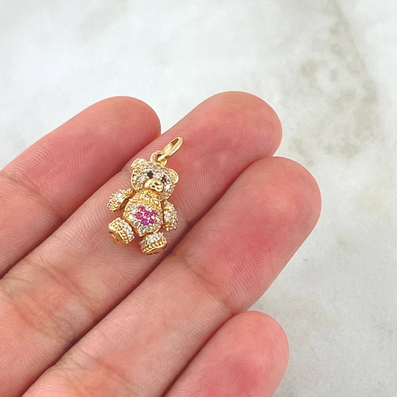 Dije Oso Articulado Flor 2.5gr / 1.9cm / Circones Blancos Fucsia Ojos Negros Oro Amarillo 18K ©