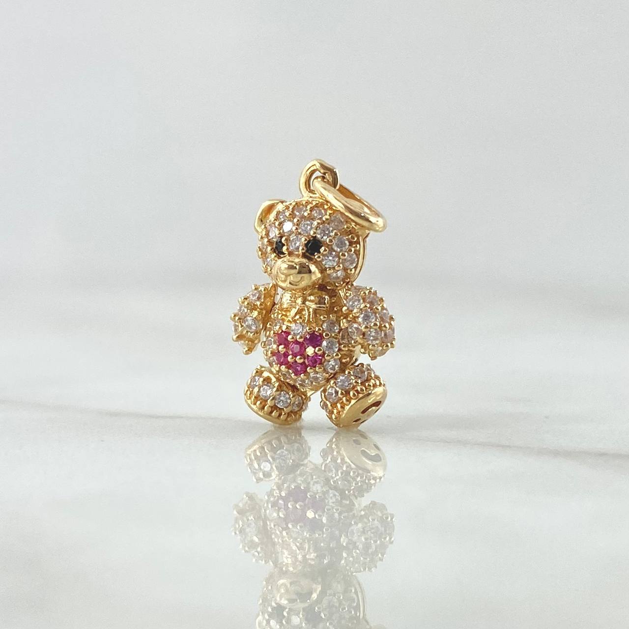 Dije Oso Articulado Flor 2.35gr / 1.9cm / Circones Blancos Fucsia Ojos Negros Oro Amarillo 18K ©