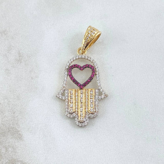 Dije Mano Hamsa Corazón 4.45gr / 4cm / Circones Blancos Fucsia Oro Amarillo 18K ©