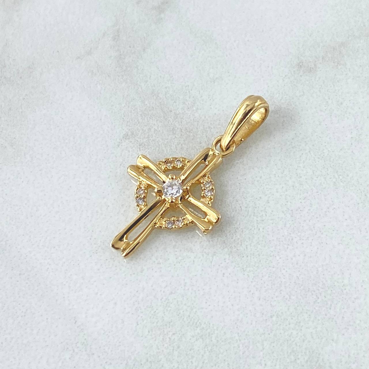 Dije Cruz Circular 1.2gr / 2.4cm / Circones Blancos  Oro Amarillo 18K